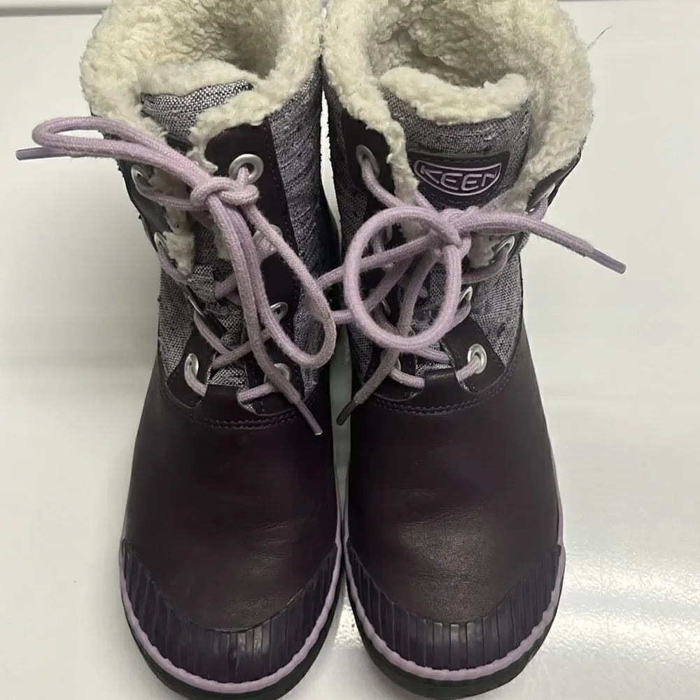 Keen Girl’s Waterproof Rubber Sherpa Lined Heather Purple Lace Up Boots Size 3